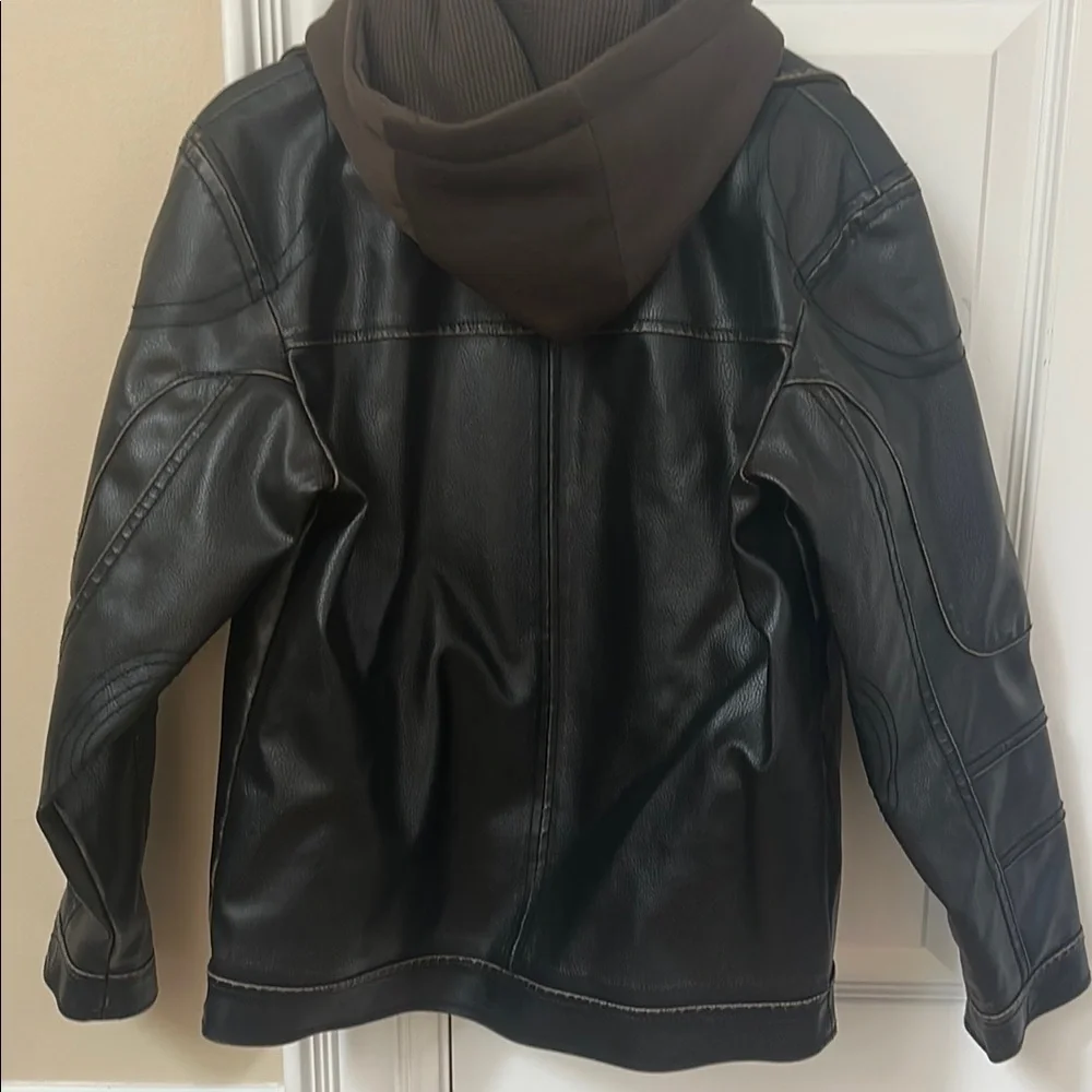 Black Rivet Faux Leather Bomber Jacket w/ Removable Hooded Zip-Out Hoodie NWOT
